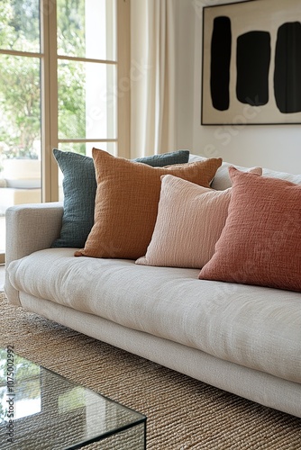 A detailed 3D rendering of a modern minimalist living room interior. Features a comfortable gray sofa with decorative cushions in muted pastel colors like blush pink and soft teal.