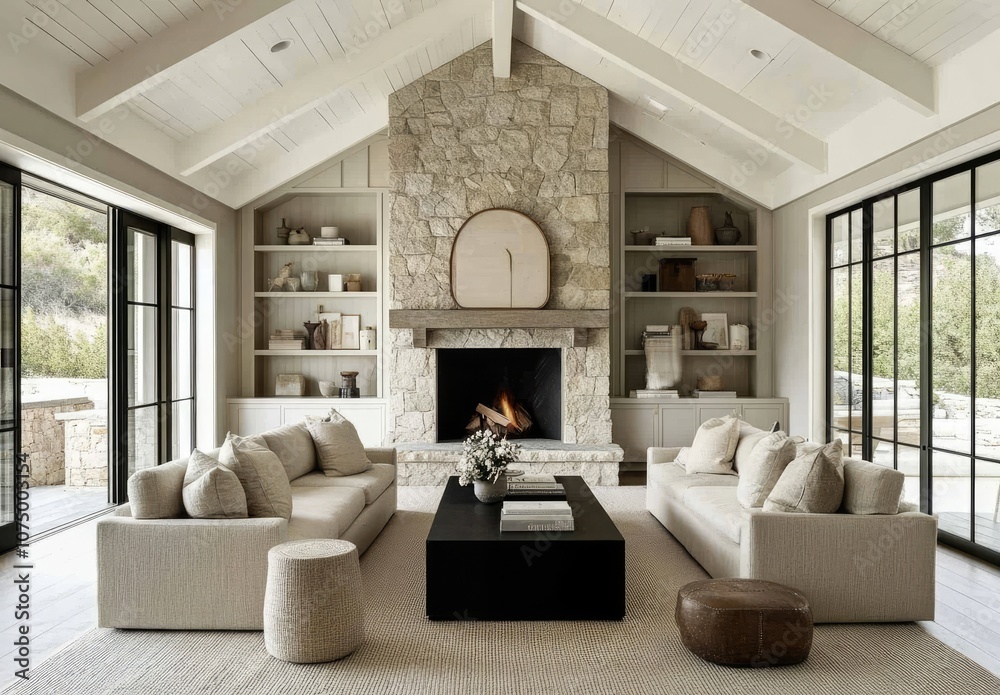 Obraz premium the living room in an new modern farmhouse with light grey walls, white ceiling and wooden floors