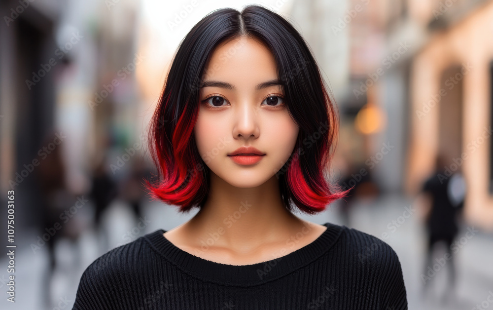 Vibrant portrait of a young woman with black and red ombre hair in an urban setting, confidently staring at the camera with a soft focus background.