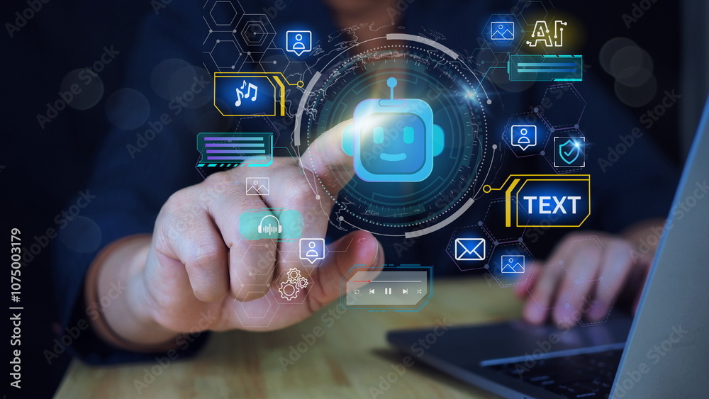 hands typing on laptop, AI chat bot and creative services Show future technology for entering command to create something. To help and improve work efficiency.