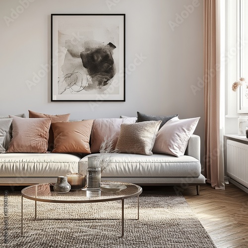 A detailed 3D rendering of a modern minimalist living room interior. Features a comfortable gray sofa with decorative cushions in muted pastel colors like blush pink and soft teal.