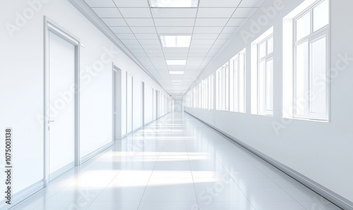 Bright, modern hallway with white walls and windows