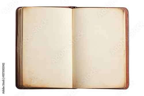 Open vintage book with blank pages old paper leather cover isolated transparent background