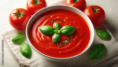 Tomato soup with basil garnish and tomatoes...Description: A bowl of vibrant red tomato soup is garnished with fresh basil and accompanied by ripe tomatoes.