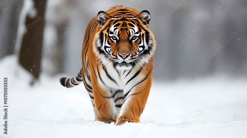 Fototapeta premium A majestic tiger walks through a snowy forest, its orange and black stripes contrasting with the white backdrop.