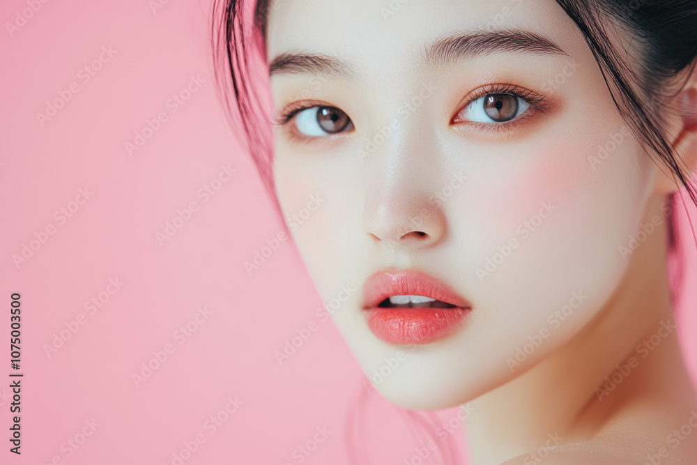 Close-up portrait of a woman with flawless skin, pink cheeks, and natural makeup, set against a pastel pink background. Close-up portrait of a woman with flawless skin, pink cheeks, and natural makeup, set against a pastel pink background.