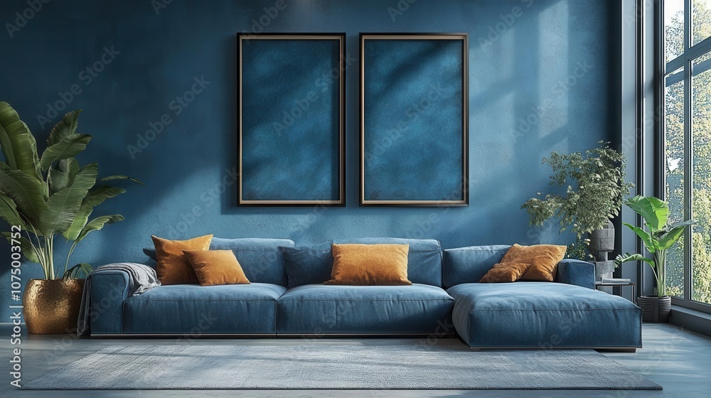 Fototapeta premium blank poster set against a stylish blue living room background, featuring modern decor elements, providing a versatile canvas for unique designs and creative expressions