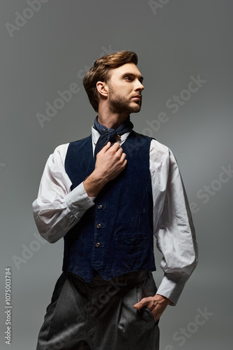 Фотография A stylish young man elegantly adjusts his tie while showcasing modern dandy fash