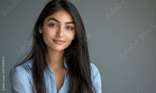 Portrait of a beautiful woman with long brown hair wearing a blue striped shirt against a grey background, smiling and looking at the camera