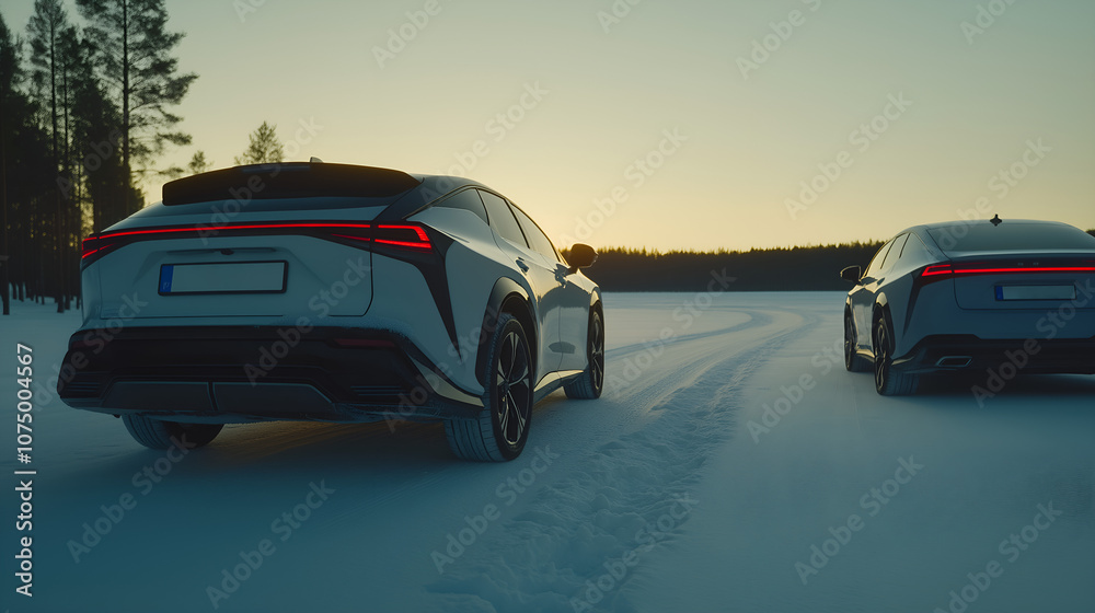 Naklejka premium Two white electric cars driving on a snowy road at sunset in a winter landscape, surrounded by a forest.