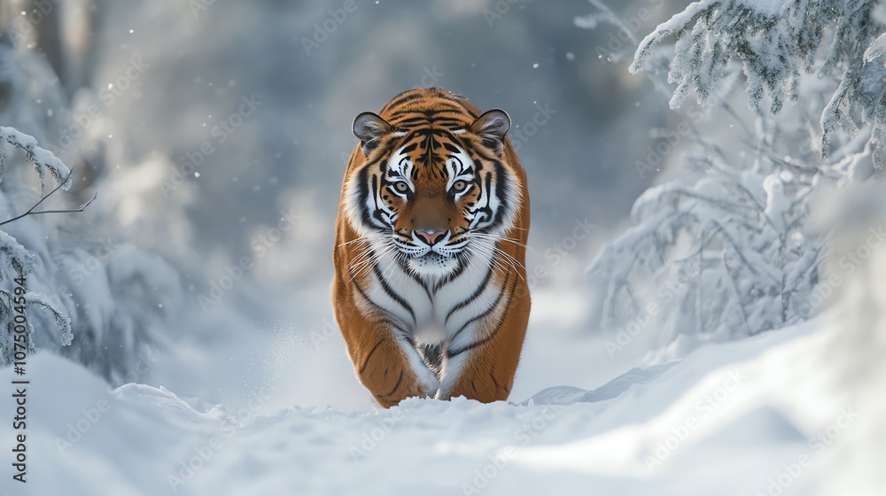 Obraz premium A majestic Siberian tiger walks confidently through a snowy forest, its gaze fixed on the viewer.