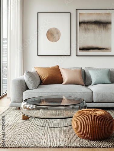 A detailed 3D rendering of a modern minimalist living room interior. Features a comfortable gray sofa with decorative cushions in muted pastel colors like blush pink and soft teal.