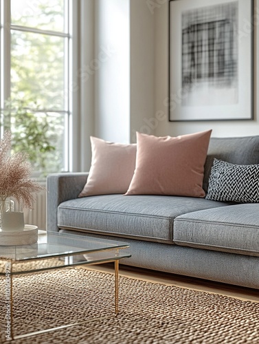 A detailed 3D rendering of a modern minimalist living room interior. Features a comfortable gray sofa with decorative cushions in muted pastel colors like blush pink and soft teal.