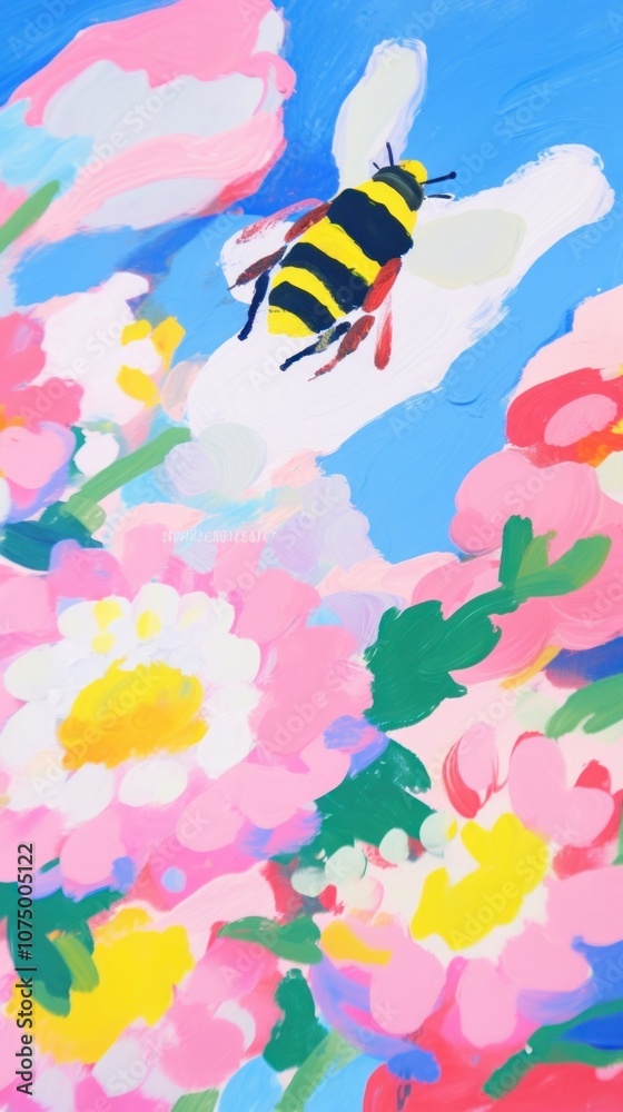 Fototapeta premium Bee with flowers painting art backgrounds.