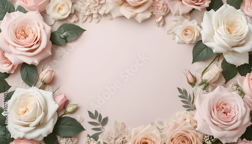 Elegant background of large blooming flowers in soft colors, with center has a blank space
