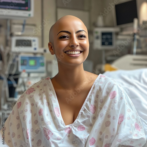 Smiling Mature ill female Breast cancer patient in bed at the hospital photo