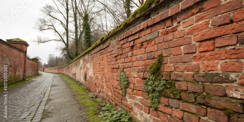 Wallpaper Mural A winding cobblestone path runs along a tall brick wall, overgrown with vibrant moss, revealing a glimpse of nature's resilience against time's passage. Torontodigital.ca