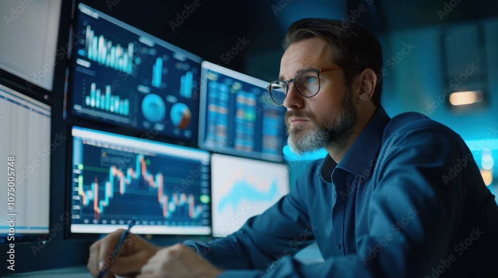 A financial analyst intently studies multiple monitors displaying stock market data and charts, representing finance, analysis, and investment decision-making. A financial analyst intently studies multiple monitors displaying stock market data and charts, representing finance, analysis, and investment decision-making.