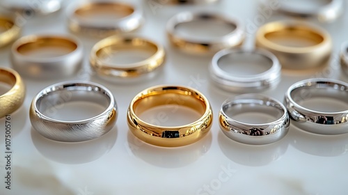 Assorted gold and silver wedding bands on white.