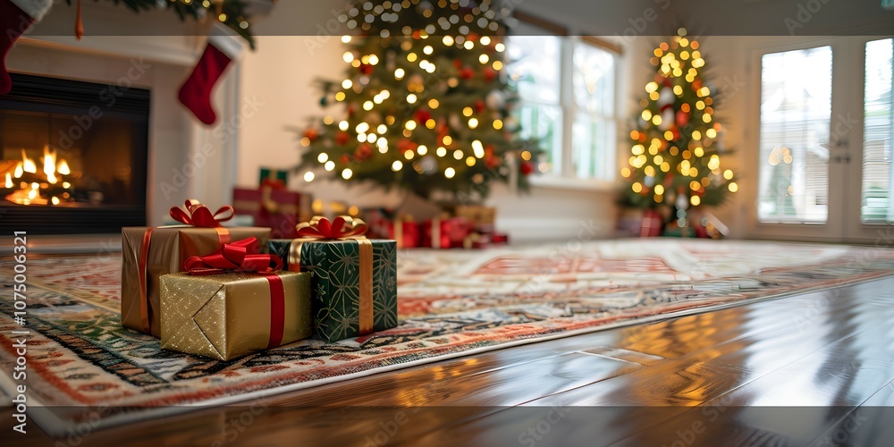 gift under a Christmas tree against the background of the fireplace gift under a Christmas tree against the background of the fireplace