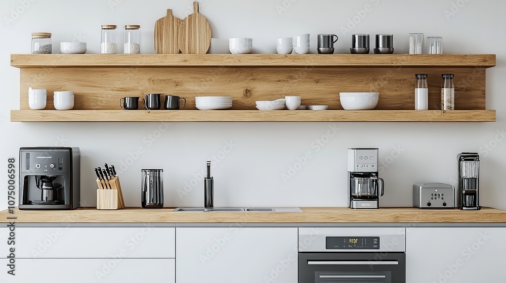 A modern kitchen counter with two coffee makers, a toaster, and a sink. There are also shelves above the counter with various kitchen items. A modern kitchen counter with two coffee makers, a toaster, and a sink. There are also shelves above the counter with various kitchen items.