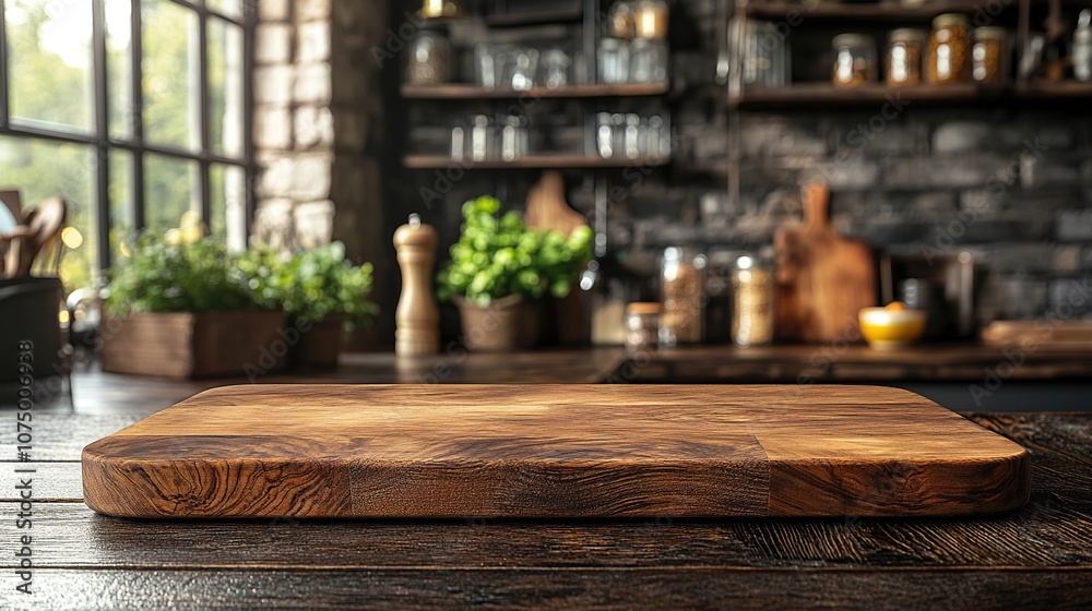 Empty wooden cutting board on a rustic kitchen counter with a blurred background. Empty wooden cutting board on a rustic kitchen counter with a blurred background.