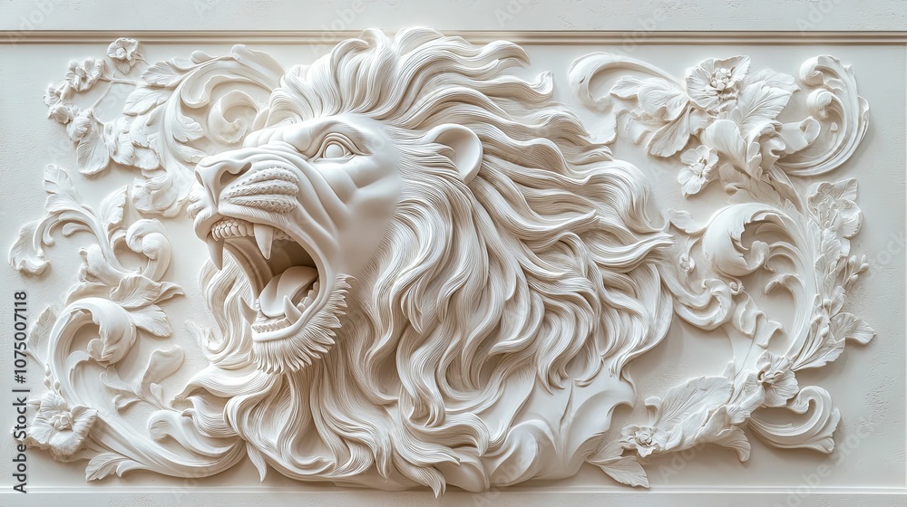 A White Plaster Relief Sculpture of a Roaring Lion with Floral Accents A White Plaster Relief Sculpture of a Roaring Lion with Floral Accents