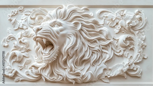 A White Plaster Relief Sculpture of a Roaring Lion with Floral Accents