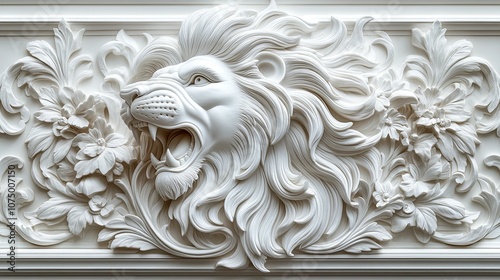 White Rococo Style Stucco Relief of a Lion's Head with Floral Motifs