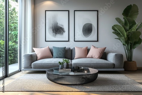 A detailed 3D rendering of a modern minimalist living room interior. Features a comfortable gray sofa with decorative cushions in muted pastel colors like blush pink and soft teal.