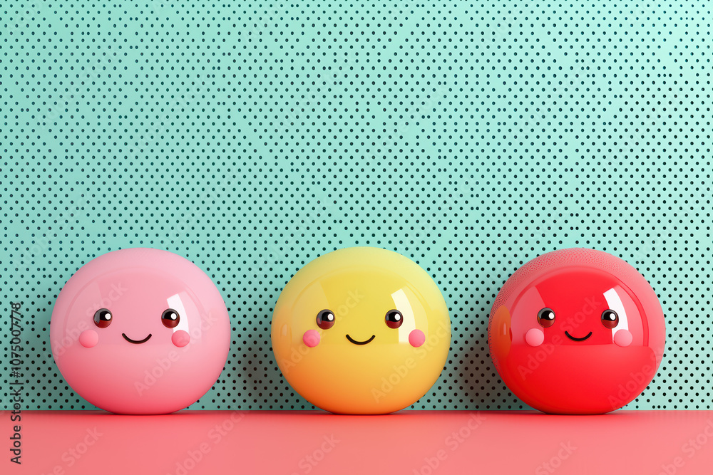 Three cute smiley face balls in pastel colors against a polka dot background, perfect for cheerful and playful designs, illustrations, or kids content. Three cute smiley face balls in pastel colors against a polka dot background, perfect for cheerful and playful designs, illustrations, or kids content.