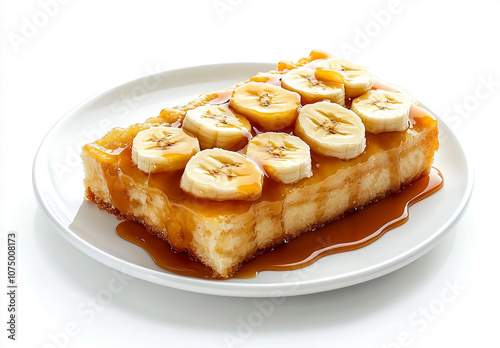 a slice of banana cake with caramel sauce and bananas, on a white plate, against an isolated background