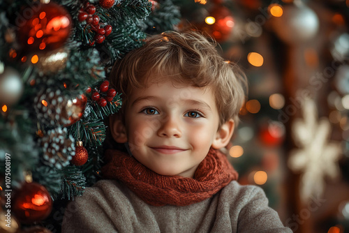 Generative AI image of a smiling girl in a red hat and sweater, celebrating the New Year at school with classmates in festive attire