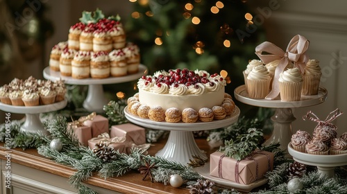 Festive Christmas Dessert Table Featuring Assorted Treats, Beautifully Decorated Cakes, Cupcakes, and Gifts Surrounded by Holiday Foliage and Lights