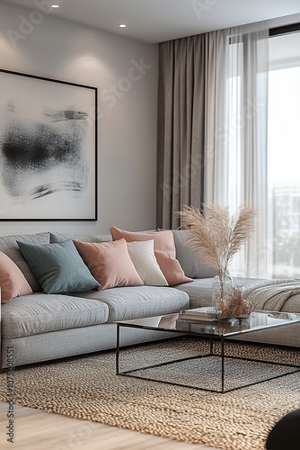 A detailed 3D rendering of a modern minimalist living room interior. Features a comfortable gray sofa with decorative cushions in muted pastel colors like blush pink and soft teal.