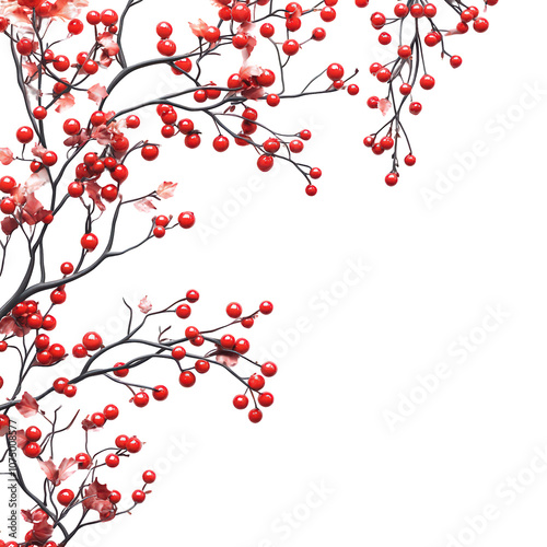 Holly Sprig with Red Berries: A classic festive decoration for the holiday season. The sprig is adorned with lush green leaves and bright red berries, adding a touch of cheer to any setting. 