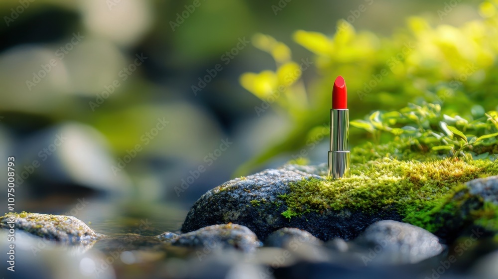Vibrant Red Lipstick Stands Out Amidst a Serene Nature Scene Surrounded by Moss and Smooth Stones Near a Tranquil Stream in Soft Natural Light Vibrant Red Lipstick Stands Out Amidst a Serene Nature Scene Surrounded by Moss and Smooth Stones Near a Tranquil Stream in Soft Natural Light