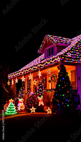 a house covered in colorful Christmas lights, night scene, glowing decorations, cheerful atmosphere.