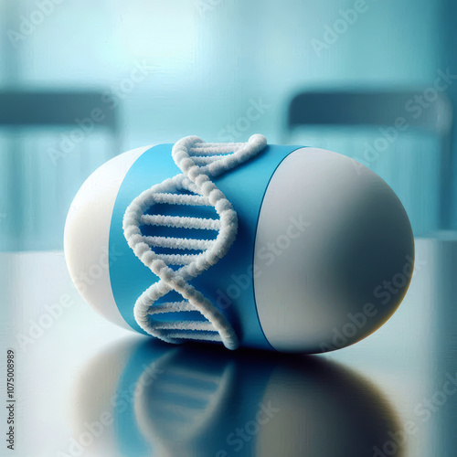 Gene Therapy Pill with DNA Spiral Design in Sterile Medical Setting photo