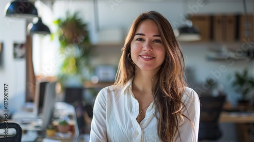 Smiling woman with long brown hair in modern office setting. Professional atmosphere with desks, computers, plants, and books promoting positive work culture.