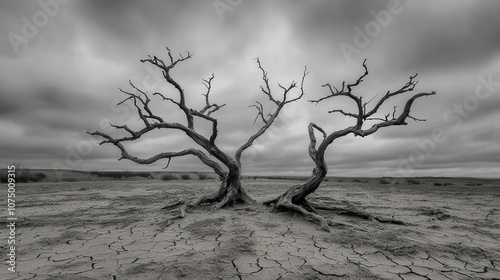 Barren Landscape with Dead Twisted Trees Against Ominous Skies in a Lifeless Wasteland of Cracked Earth and Shadows