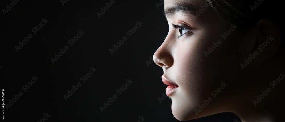 A profile view of a young girl, illuminated softly against a dark background, highlighting her delicate features and contemplative expression. A profile view of a young girl, illuminated softly against a dark background, highlighting her delicate features and contemplative expression.
