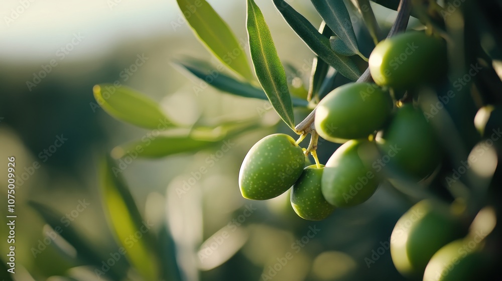 Close-Up of Vibrant Green Olives on an Olive Tree Branch with Lush Leaves Against a Soft Focus Background, Highlighting Nature's Bounty and Organic Farming Techniques Close-Up of Vibrant Green Olives on an Olive Tree Branch with Lush Leaves Against a Soft Focus Background, Highlighting Nature's Bounty and Organic Farming Techniques