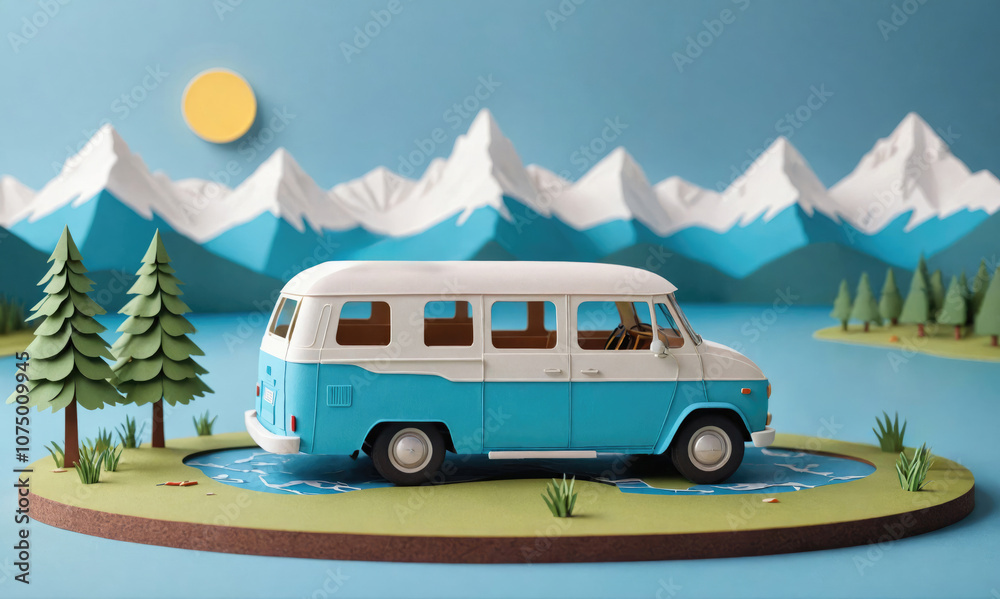 A blue and white van drives through a papercraft landscape with mountains in the background A blue and white van drives through a papercraft landscape with mountains in the background