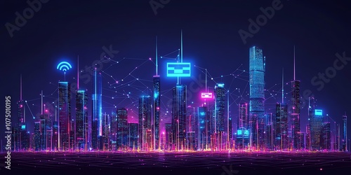 Futuristic glowing cityscape with wireless and credit card icons.