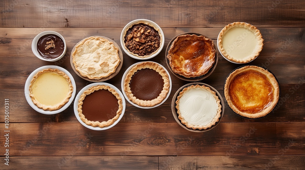 A variety of delicious homemade pies arranged neatly on a rustic wooden table for a festive gathering or holiday celebration A variety of delicious homemade pies arranged neatly on a rustic wooden table for a festive gathering or holiday celebration
