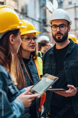 Construction workers discussing plans during a site meeting with tablets and safety gear