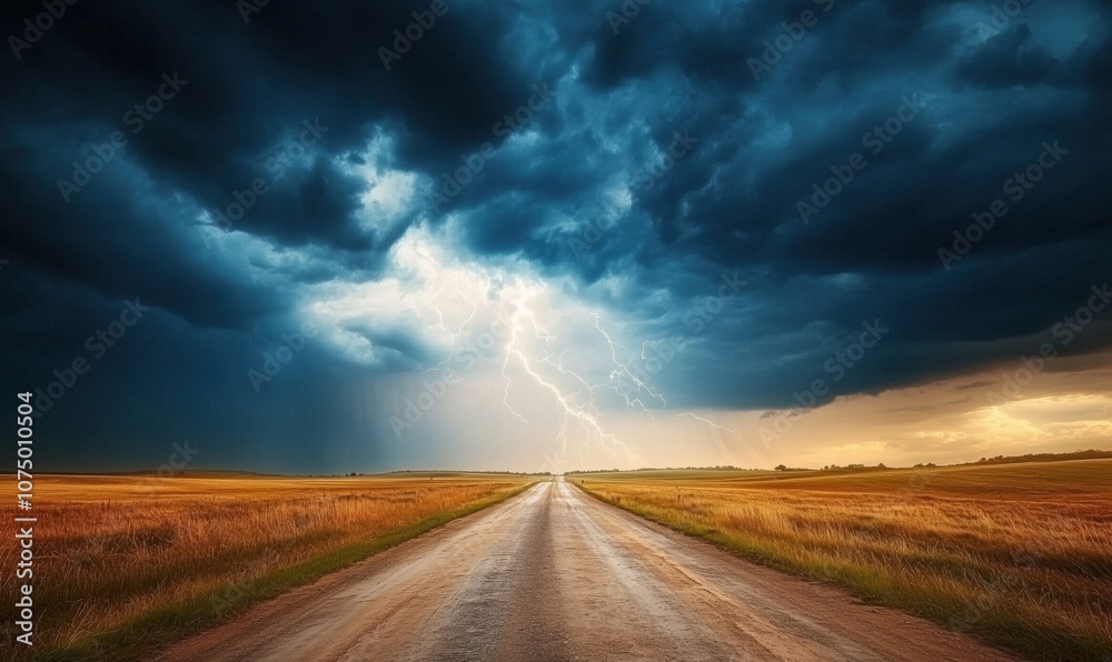 Dramatic lightning storm over open road, dark clouds, golden fields Dramatic lightning storm over open road, dark clouds, golden fields