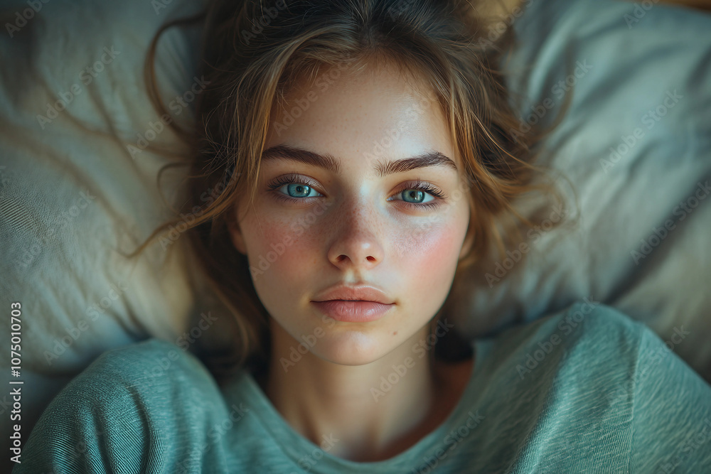 A lovely woman is laying on a comfy bed generative AI photo