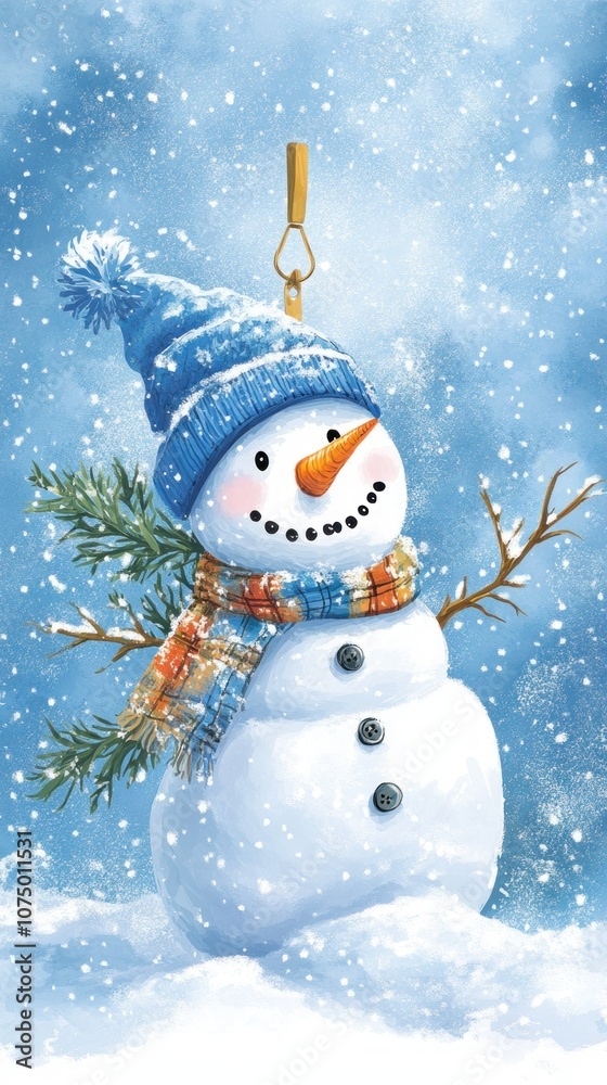 A cheerful snowman wearing a blue hat and scarf, set against a snowy background. A cheerful snowman wearing a blue hat and scarf, set against a snowy background.